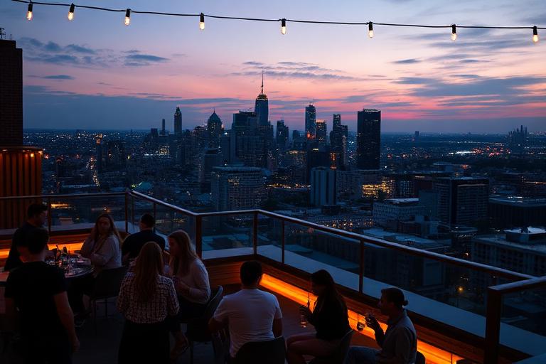 Friends enjoying drinks on a city rooftop